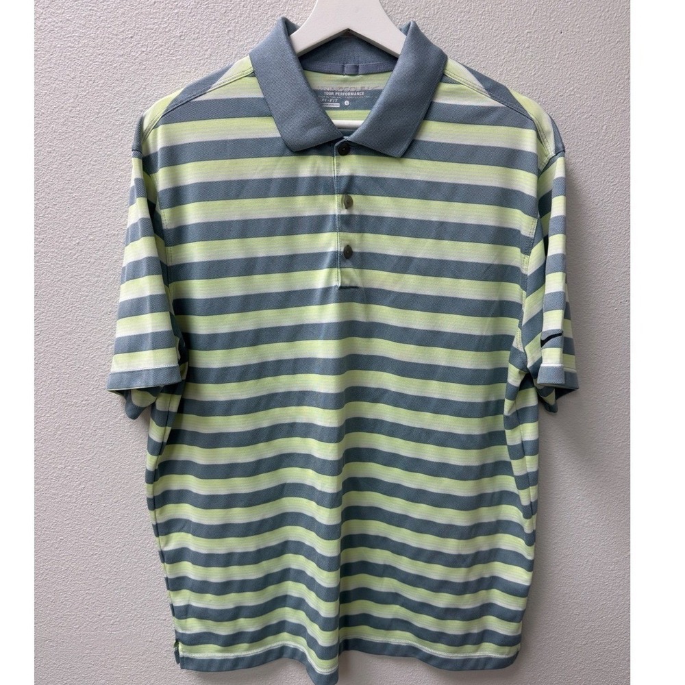 Nike Golf Polo Shirt Mens Large Blue Yellow Stripe Dri-FIT Tour Performance Prep